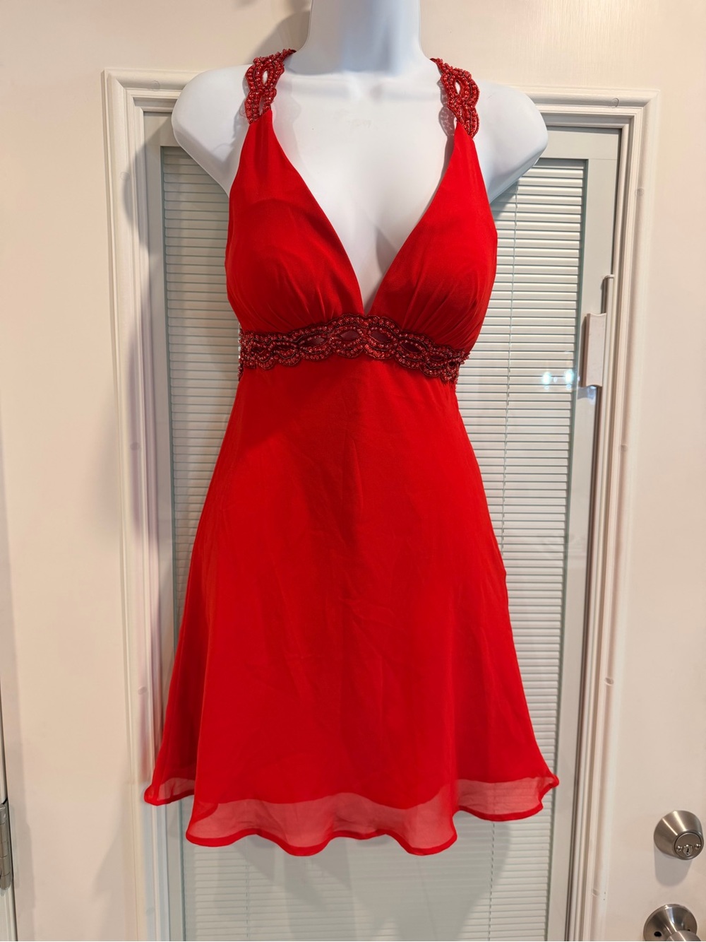 Faviana Red V-Neck Beaded Halter Mini Dress